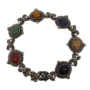 Vintage Marcasite Sterling Silver Carved Gemstone Scarab Bracelet #20595
